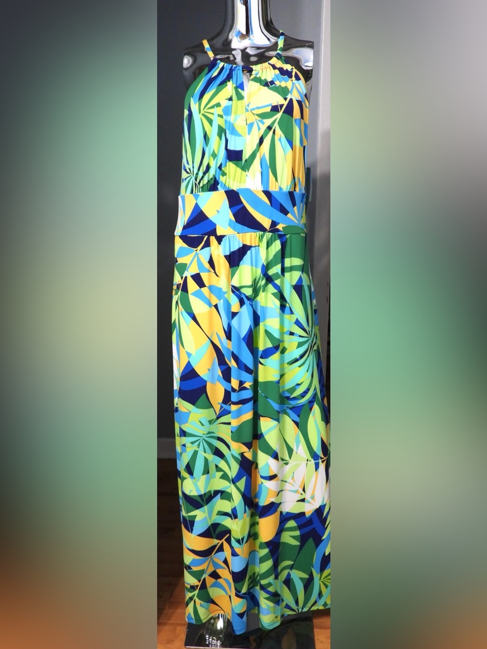 London Times Tropical Halter Dress in Blue, Green & Yellow 14